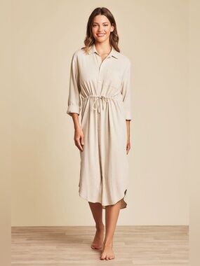 Barefoot Dreams Heathered Bisque Linen Blend Cinched Shirtdress Size Medium